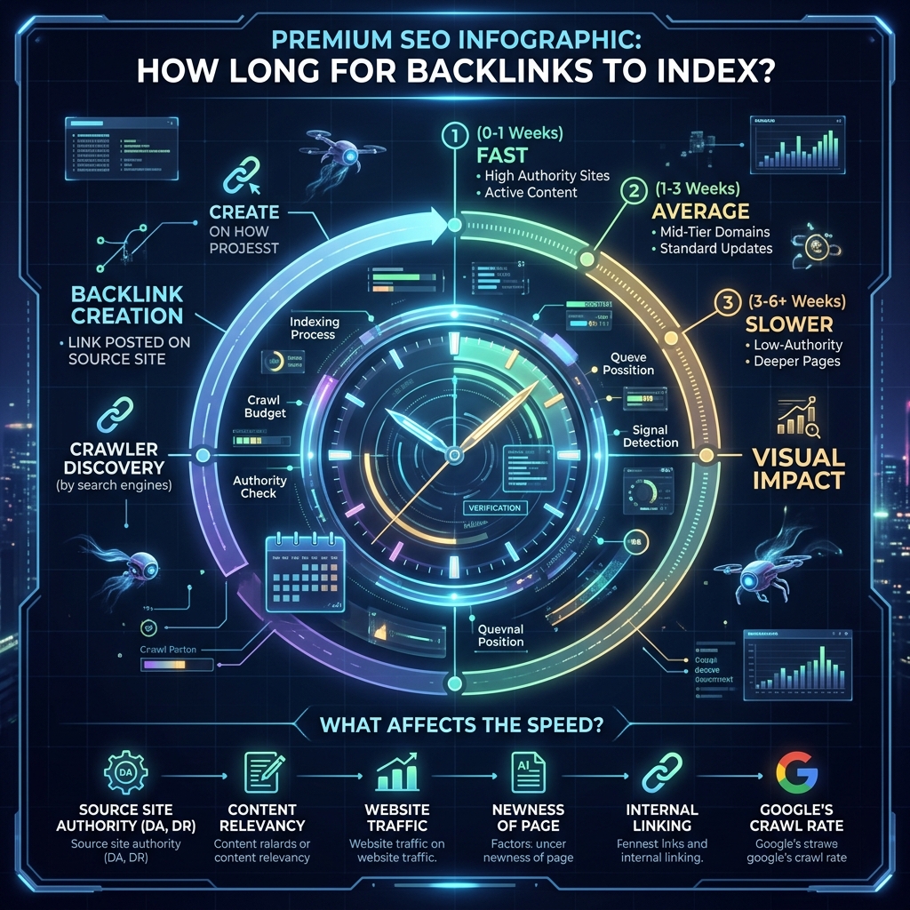 Backlink indexing timeline chart showing different scenarios in 2026